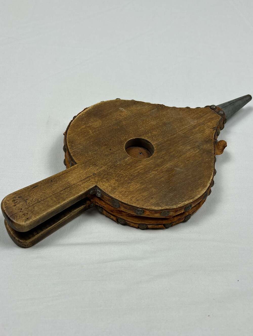 Vintage Wooden Fireplace Bellows with Leather and Metal Hobnails